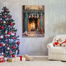 Printed With Christmas Fireplace And Socks Pattern, Christmas Poster Artwork, Holiday Decorations And Joyful Atmosphere, Festive Christmas Wall Art, Winter Holiday Gifts, Suitable For Living Room, Bedroom, Restaurant Decoration-1 Pc Wooden Framed Canvas Painting Thickness Cm/0.9inch High Quality Wall Art Prints Poster Direct Hanging Wall Picture Decor For Home Gifts, Christmas Gifts, Living Room, Bath Room, Bedroom, Kitchen