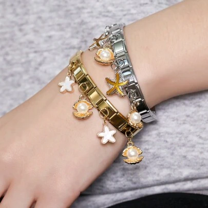 1 pieza Pulsera italiana de acero inoxidable con colgantes de estrella de mar, conchas, amor, estrellas, aviones, Torre Eiffel - Kit DIY para hacer joyas como pulseras y collares