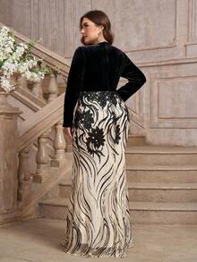 大码拼接丝绒秋冬保暖珠绣重工优雅长袖连衣裙 - 黑色 - 查看 2