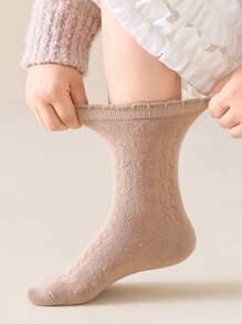 5 Pairs Of Girls Socks, Printed And Solid Color School Style Casual Ribbed Mid-Calf Socks, Suitable For Autumn/Winter