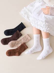 5 Pairs Of Girls Socks, Printed And Solid Color School Style Casual Ribbed Mid-Calf Socks, Suitable For Autumn/Winter