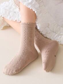 5 Pairs Of Girls Socks, Printed And Solid Color School Style Casual Ribbed Mid-Calf Socks, Suitable For Autumn/Winter