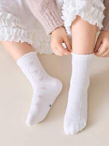 5 Pairs Of Girls Socks, Printed And Solid Color School Style Casual Ribbed Mid-Calf Socks, Suitable For Autumn/Winter