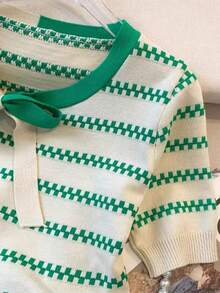 Rikumo New Summer Bowknot Color Block Striped Loose Knit Short Sleeve Top, Unique Design Casual - Green - View 6
