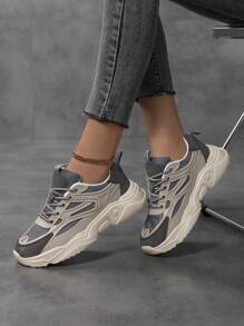 Sporty Front Chunky Sneakers For Women,Colorblock Leather Lace-Up Shoes Women Boots Women Lightweight Breathable Sneakers Women Shoes Outdoor Sports Shoes For Women Running Shoes Comfortable Casual Shoes For Women