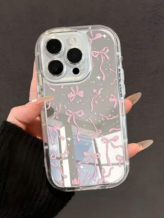 手机壳 1 件装少女粉色蝴蝶结和波尔卡圆点图案透明镜面保护手机壳适用于 11/12/13/14/15/16 Pro Max 防水防震防摔防刮