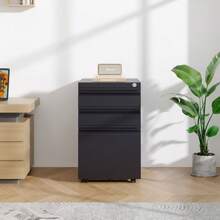 Living And Home 3-Drawer Black File Cabinet With Wheels - Black 37cm W X 50cm D X 60cm H - View 2