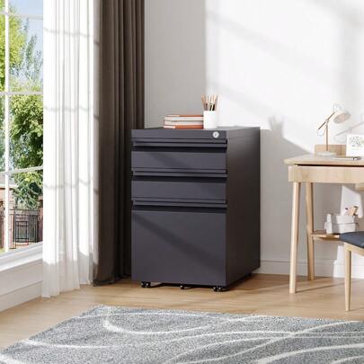 Living And Home 3-Drawer Black File Cabinet With Wheels