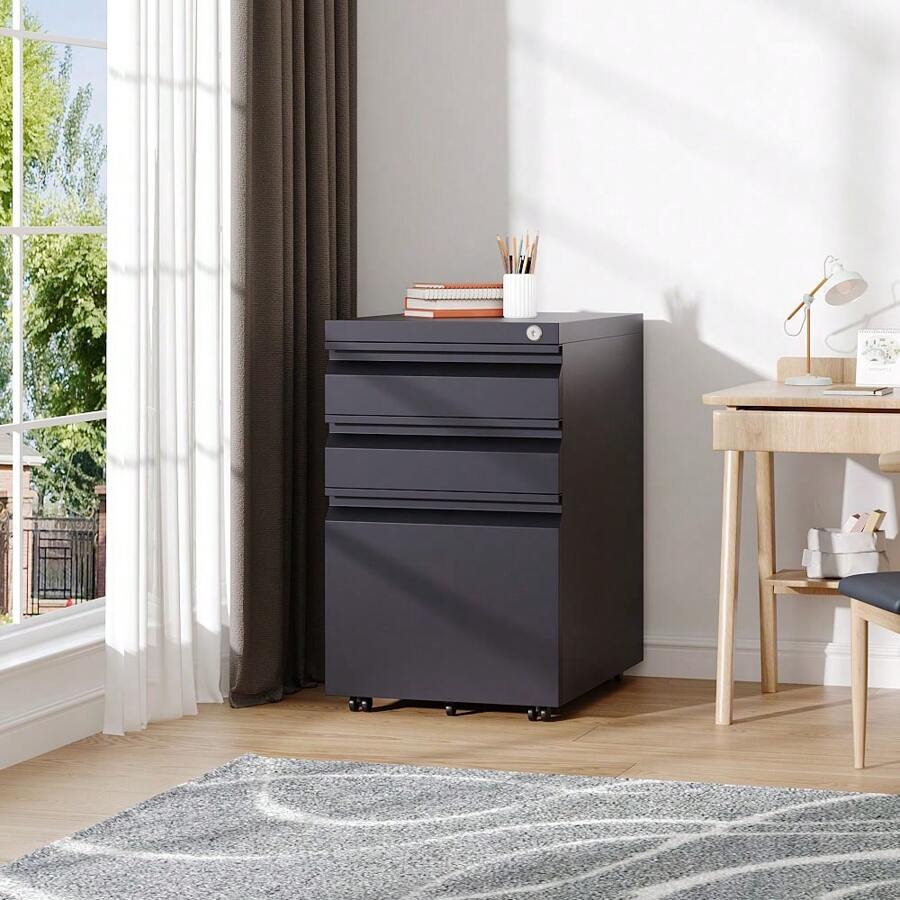 Living And Home 3-Drawer Black File Cabinet With Wheels - Black 37cm W X 50cm D X 60cm H - View 1