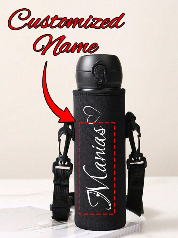 Porta-garrafas de água de neoprene isolado com nome personalizado e estampado com um padrão em forma de coração, com alça de ombro ajustável e capa para copo, serve para garrafas de aço inoxidável, vidro e plástico - K Presente de formatura de volta às aulas para professor Porta-passaporte Estojo para passaporte para voo Lua de mel Estudo no exterior Viagem de negócios Leve à prova d'água Itens essenciais para férias Homens Mulheres Estudante