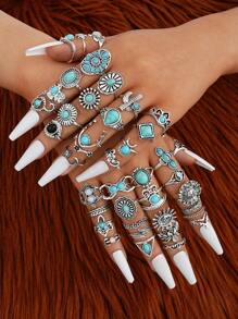 42/2/8 Stücke einfacher Blumen & Tropfen Vintage Türkis Ring, Ohrringe Set, Schmuckset für Frauen, Feiertage, Date, tägliches Partytragen