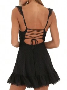 Women's Chiffon A-Line Dress - Dot Jacquard Print With Flutter Sleeves  V-Neck, Summer Party  Beach Dress - màu đen - Xem 5