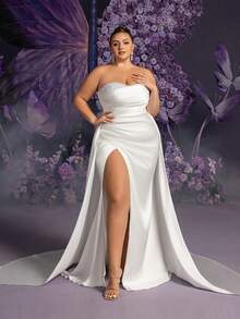 Faeriesty Plus Elegant Strapless Pearl Embellshed Split Thigh Satin Wedding Dress - White - View 5