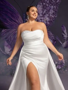 Faeriesty Plus Elegant Strapless Pearl Embellshed Split Thigh Satin Wedding Dress - White - View 7