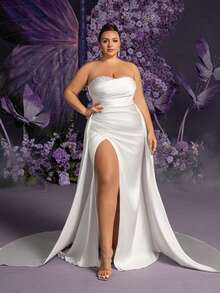 Faeriesty Plus Elegant Strapless Pearl Embellshed Split Thigh Satin Wedding Dress - White - View 4