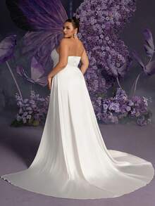 Faeriesty Plus Elegant Strapless Pearl Embellshed Split Thigh Satin Wedding Dress - White - View 3