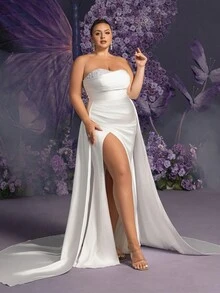 Faeriesty Plus Elegant Strapless Pearl Embellshed Split Thigh Satin Wedding Dress - White - View 8