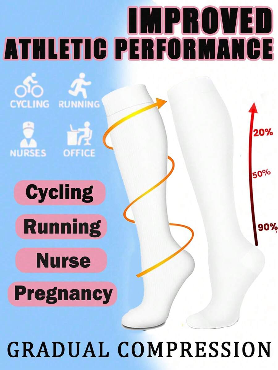 1 par de calcetines de compresión de cobre amarillo 15-20 mmhg, altos hasta la rodilla, para mujeres embarazadas, enfermeras, maternidad, médicos, deportes, ciclismo y adultos, para mejorar la circulación, para el gimnasio, otoño - Blanco - Ver 1