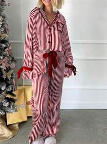 Womens Striped Christmas Pajama Set Satin Tie Up Knot Puff Long Sleeve Button-Up V-Neck Cropped Shirt + Drawstring Waist Long Pants 2 Piece Sleepwear Xmas Holiday Party Clothes Loungewear Outfit - Đỏ - Xem 1