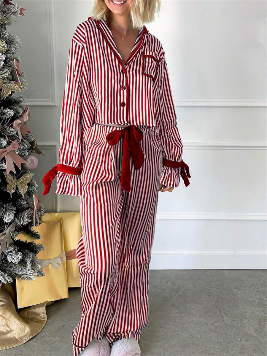 Womens Striped Christmas Pajama Set Satin Tie Up Knot Puff Long Sleeve Button-Up V-Neck Cropped Shirt + Drawstring Waist Long Pants 2 Piece Sleepwear Xmas Holiday Party Clothes Loungewear Outfit - Đỏ - Xem 1