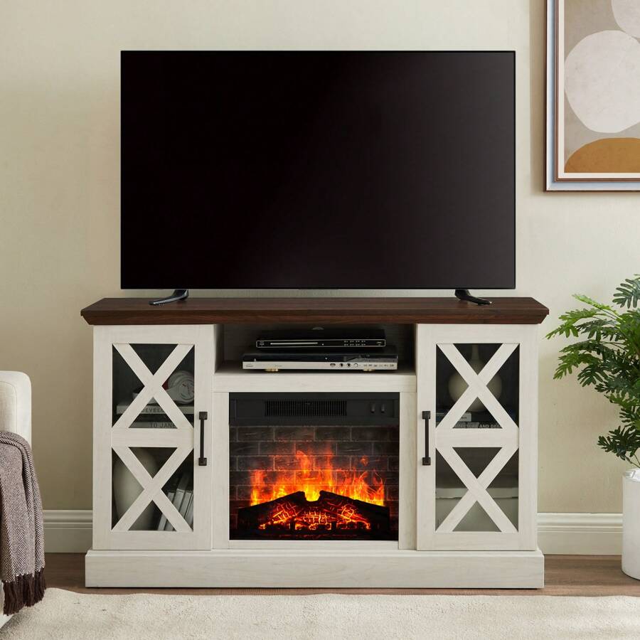 Mainstays Farmhouse Fireplace TV Stand For TVs Up To 55", Walnut - White - View 1