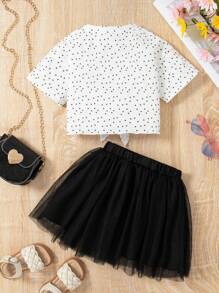 2 件套少女夏季服装：系带正面印花彩虹字母图案短款上衣 T 恤和网眼 A 字裙套装 - 黑色 - 查看 2