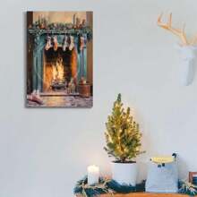 Printed With Christmas Fireplace And Socks Pattern, Christmas Poster Artwork, Holiday Decorations And Joyful Atmosphere, Festive Christmas Wall Art, Winter Holiday Gifts, Suitable For Living Room, Bedroom, Restaurant Decoration-1 Pc Wooden Framed Canvas Painting Thickness Cm/0.9inch High Quality Wall Art Prints Poster Direct Hanging Wall Picture Decor For Home Gifts, Christmas Gifts, Living Room, Bath Room, Bedroom, Kitchen