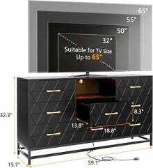 8 -Deep Drawer Dresser For Bedroom, Wooden Large Long Dresserwith Charging Station And LED Lights, TV Dresser, Modern Chest Of Drawers Storage Organizer For Living Room - Black - View 3