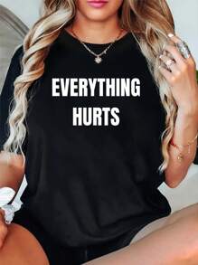 Everything Hurts Print Women's T-Shirt, Graphic Versatile Christmas T-Shirts Fashion Loose Casual Sports Summer Crew Neck Short Sleeved Top Women's Tops - 黑色 - 查看 1