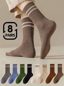 8 pares de calcetines hasta media pantorrilla para hombre, calcetines deportivos de unicolor y a la moda para primavera y otoño, calcetines largos informales estilo japonés ligeros, transpirables y absorbentes del sudor para uso diario