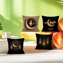 4pcs Ramadan Golden Moon And Lantern Printed Cushion Cover Set, 45*45cm Single-Sided - Multicolor - View 10
