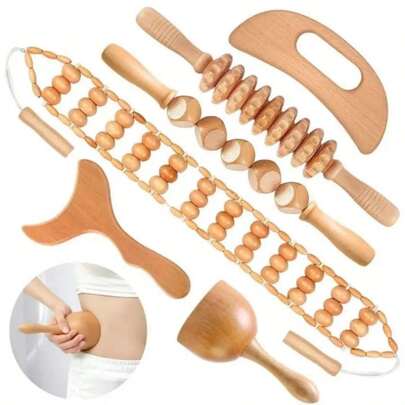 6pcs Wooden Roller Massager Set, Wooden Massage Tool Kit, Manual Wooden Massager - Body Massage Tools,School,Back To School,Travel,Travel Essentials,Home Essentials,Spa,Massage Tool,Massage,Massager,Spa