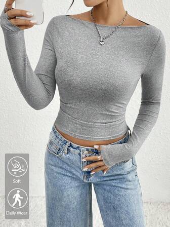 露肩长袖纯色基本款 T 恤，日常穿着