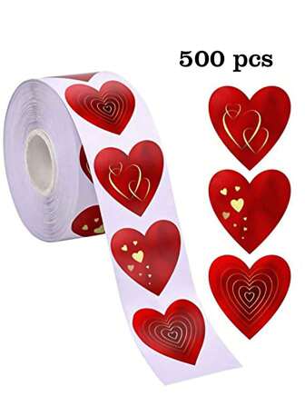 500 piezas/Rollo Pegatinas autoadhesivas con forma de corazón rojo, 3 patrones de diseño, adecuadas para el ambiente del Día de San Valentín, tarjetas festivas, ramos de flores, regalos, decoración DIY, etiquetas impermeables de PVC Día de San Valentín Regreso a clases