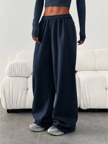 Women's Casual Loose Solid Color Elastic Waist Sweatpants With Pockets - 藏蓝色 - 查看 2