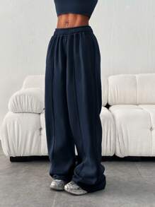 Women's Casual Loose Solid Color Elastic Waist Sweatpants With Pockets - 藏蓝色 - 查看 6