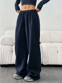 Women's Casual Loose Solid Color Elastic Waist Sweatpants With Pockets - 藏蓝色 - 查看 4