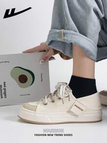 1 para WARRIOR damskich sznurowanych butów płóciennych, gruba podeszwa, zwiększona wysokość, niskie, płaskie, codzienne trampki, wygodne i stylowe, oddychające i luksusowe, odpowiednie na każdą porę roku - Beżowy - Zobacz 8