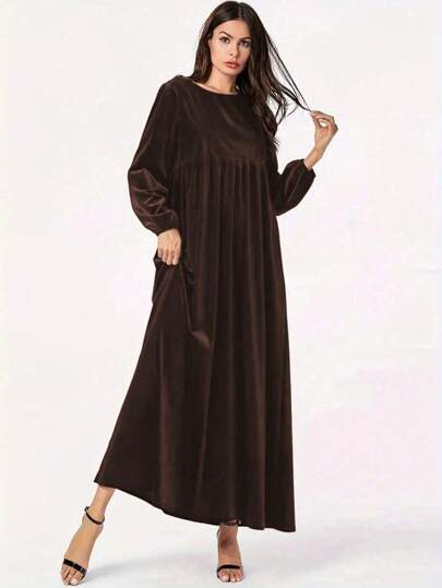 Women's Elegant Velvet Long Dress - Casual Solid Color Long Sleeve Round Neck