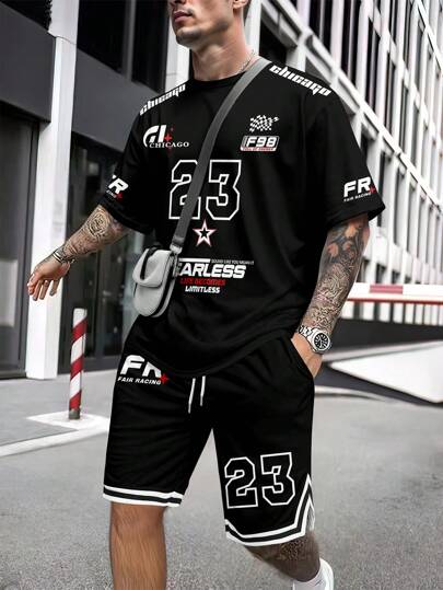 2pcs Men Printed Short Sleeve T-Shirt And Shorts Set, Casual Minimalist Style For Everyday Wear
