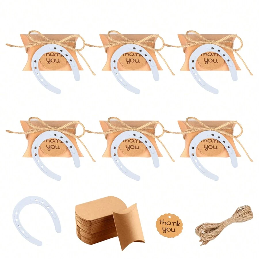 6 Sets Lucky Horseshoe Decorative Guest Wedding Favors, Vintage Metal Horseshoes, Labeled Kraft Paper Candy Box And Ribbon, Rustic Horseshoe Gifts For Wedding Party Decoration - Multicolor - View 1