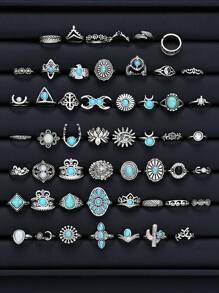 42/2/8 Stücke einfacher Blumen & Tropfen Vintage Türkis Ring, Ohrringe Set, Schmuckset für Frauen, Feiertage, Date, tägliches Partytragen