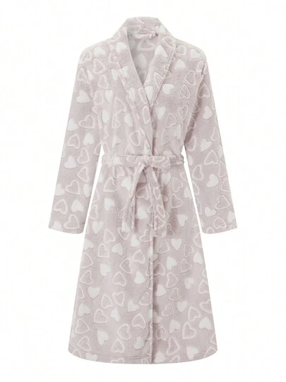 Women's Thick Flannel Bathrobe Heart Print Long Sleeve Fuzzy Plush Shawl Collar Bath Robe With Belt