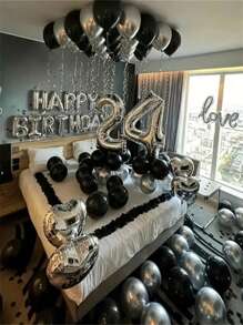 580pcs Black & Silver Balloon Garland Birthday Set, 40" Oversized Foil Number Balloons, Black Rose Petals, Suitable For Men & Women 16th, 18th, 20th, 21st, 25th, 30th, 35th, 45th Birthday Party Decorations