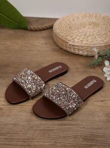 女士闪亮圆头低跟平底凉鞋，时尚宽带拖鞋，舒适休闲，适合夏季日常穿着，咖啡棕色人字拖，多种图案，适合大码