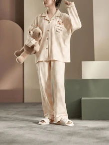 2 pièces/Ensemble Ensemble de Lounge femme imprimé ours à carreaux, haut à manches longues et pantalon, ensemble deux pièces