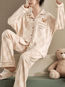 2 pièces/Ensemble Ensemble de Lounge femme imprimé ours à carreaux, haut à manches longues et pantalon, ensemble deux pièces