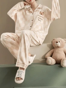 2 pièces/Ensemble Ensemble de Lounge femme imprimé ours à carreaux, haut à manches longues et pantalon, ensemble deux pièces