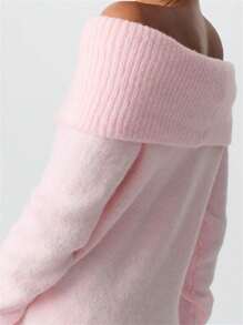 Women's Off Shoulder Crop Sweater Solid Color Boat Neck Long Sleeve Loose Knitwear Pullover - 粉色 - 查看 2