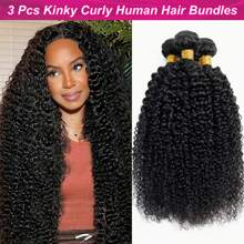 12A Kinky Curly Human Hair Bundles 100% Unprocessed Brazilian Virgin Weave Curly 3 Bundles Double Weft Raw Remy Hair Bundles Deals Full And Thick Natural Black - màu đen - Xem 2